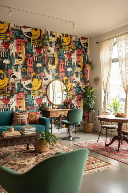 Renkli Graffiti Duvar Kağıdı Soyut Yüz Desenli Salon