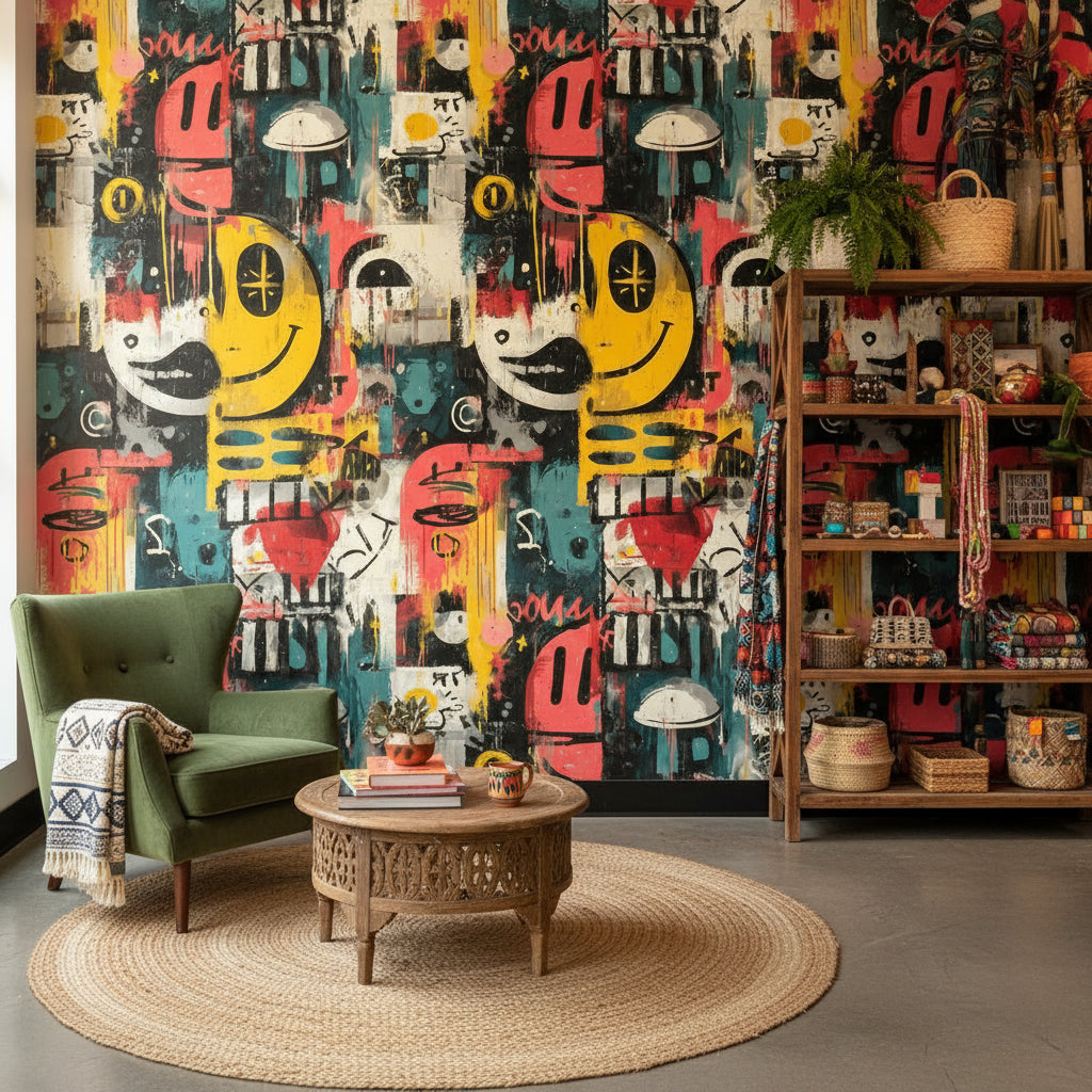 Renkli Graffiti Duvar Kağıdı Soyut Yüz Desenli Salon