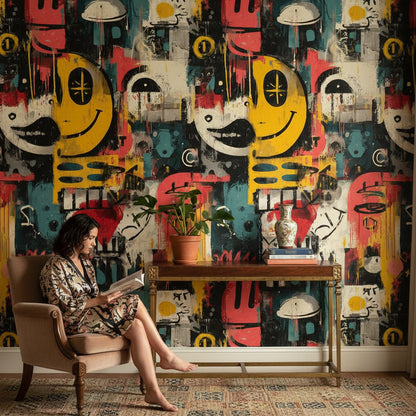 Renkli Graffiti Duvar Kağıdı Soyut Yüz Desenli Salon