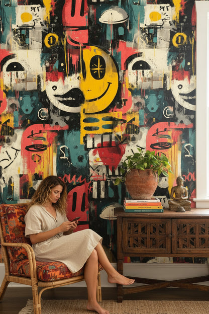 Renkli Graffiti Duvar Kağıdı Soyut Yüz Desenli Salon