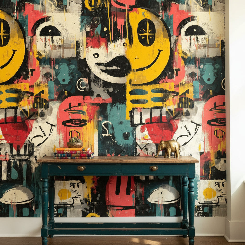 Renkli Graffiti Duvar Kağıdı Soyut Yüz Desenli Salon