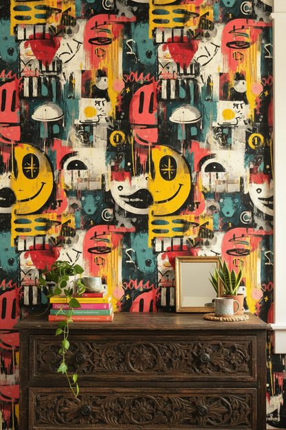 Renkli Graffiti Duvar Kağıdı Soyut Yüz Desenli Salon