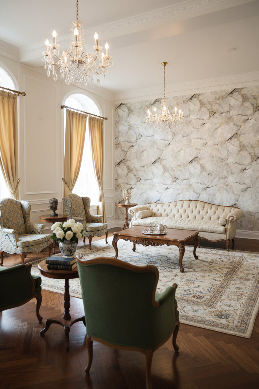 Beyaz Mermer Desenli Duvar Kağıdı Altın Damarlı Salon