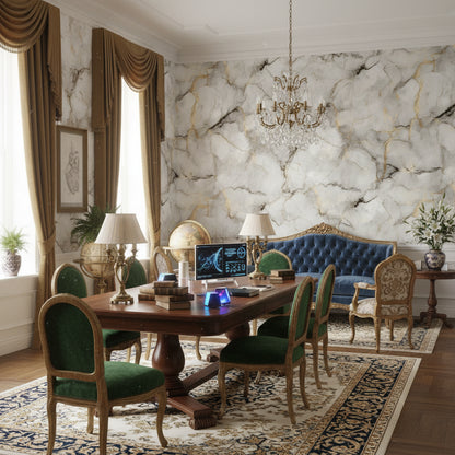 Beyaz Mermer Desenli Duvar Kağıdı Altın Damarlı Salon