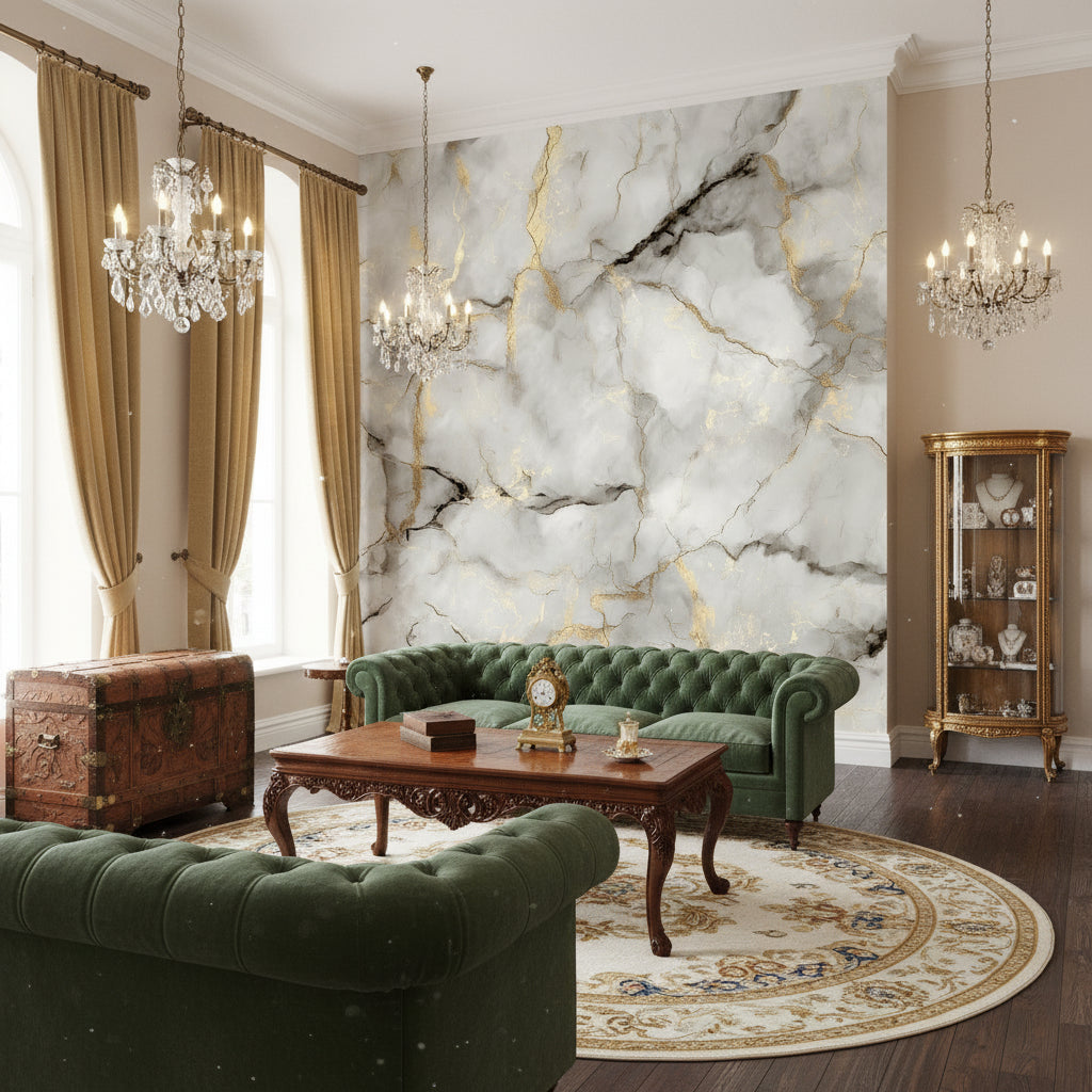 Beyaz Mermer Desenli Duvar Kağıdı Altın Damarlı Salon