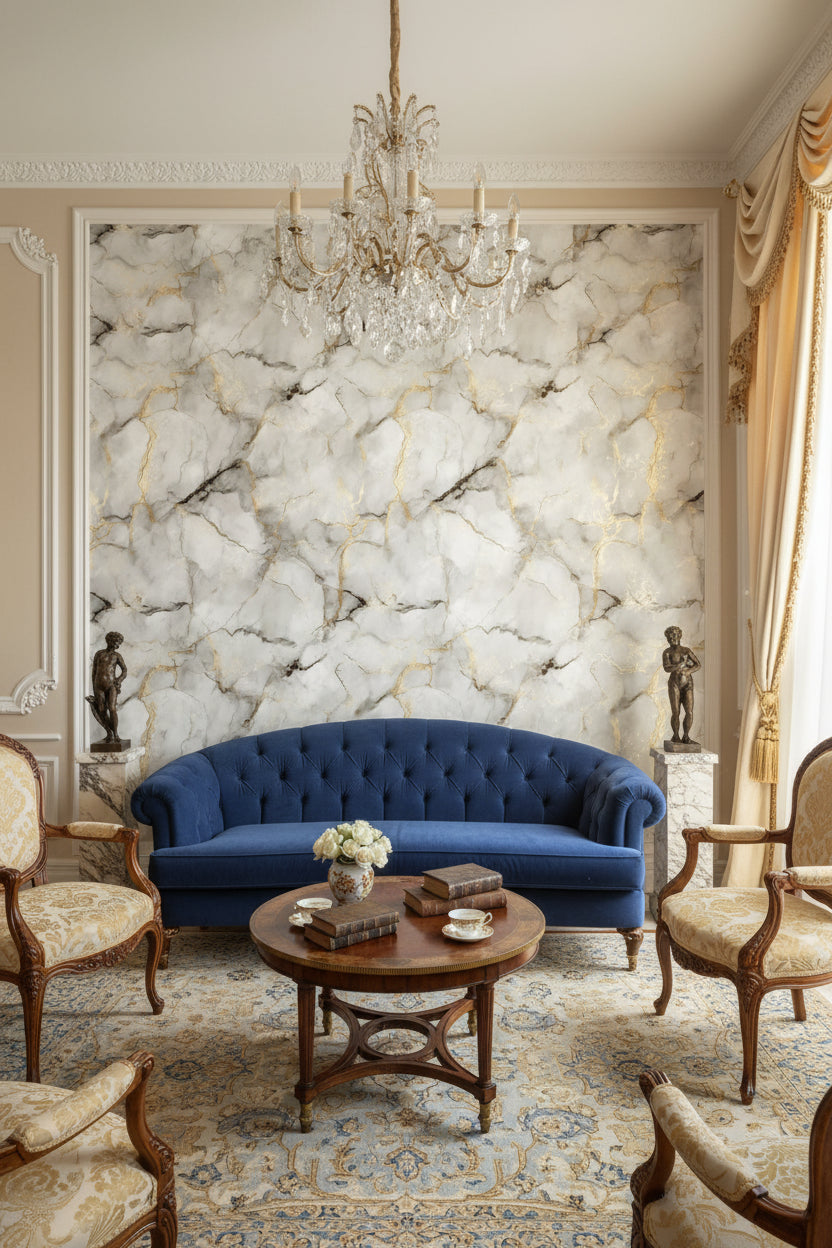 Beyaz Mermer Desenli Duvar Kağıdı Altın Damarlı Salon