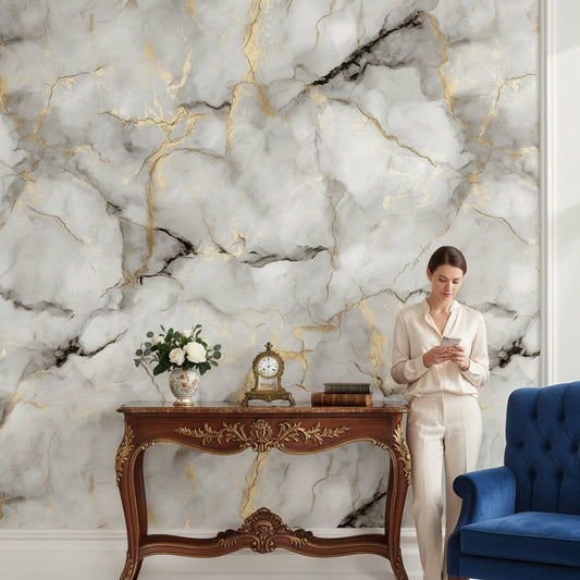 Beyaz Mermer Desenli Duvar Kağıdı Altın Damarlı Salon