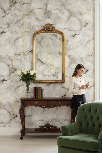 Beyaz Mermer Desenli Duvar Kağıdı Altın Damarlı Salon