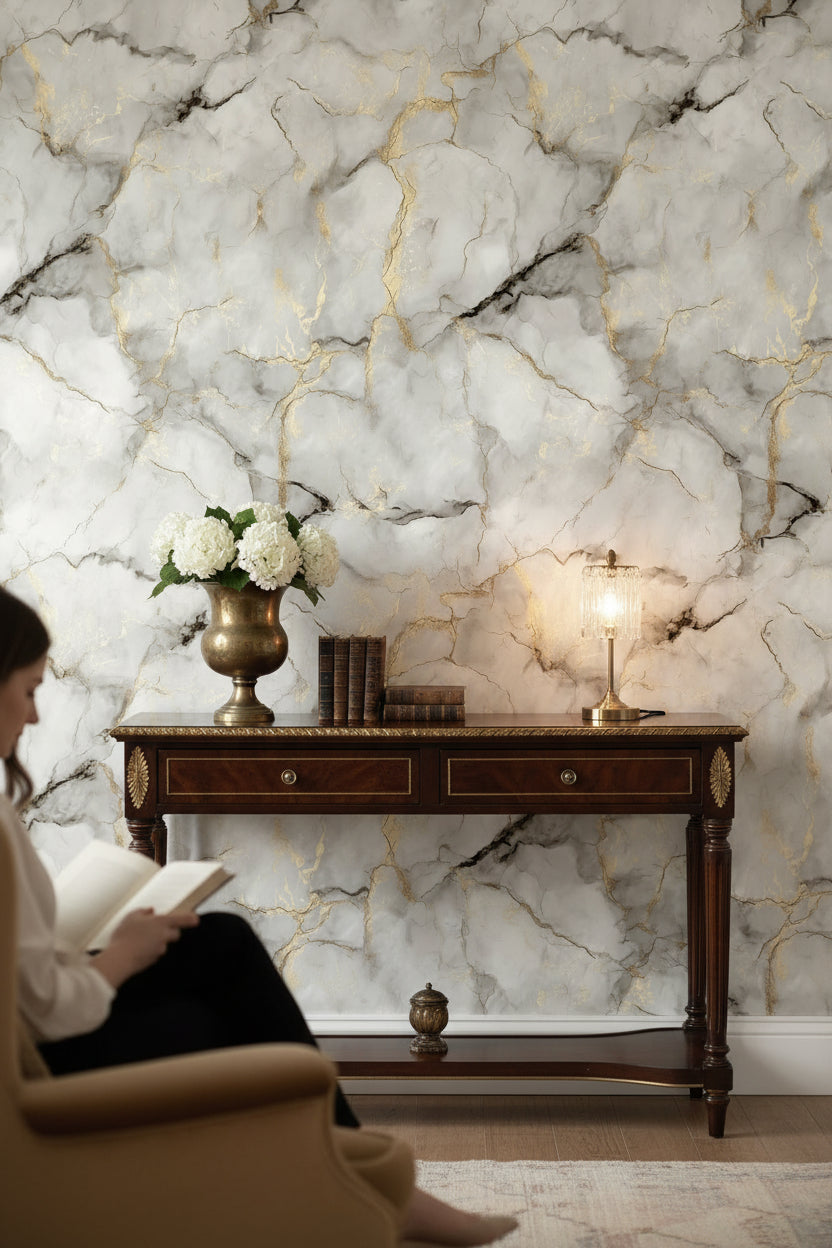 Beyaz Mermer Desenli Duvar Kağıdı Altın Damarlı Salon