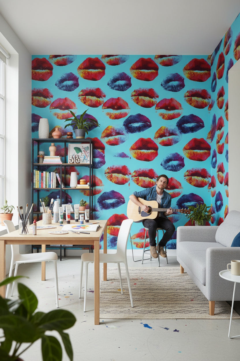 Renkli Dudak Desenli Duvar Kağıdı Turkuaz Modern Salon
