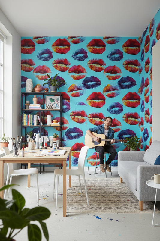 Renkli Dudak Desenli Duvar Kağıdı Turkuaz Modern Salon