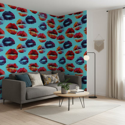 Renkli Dudak Desenli Duvar Kağıdı Turkuaz Modern Salon