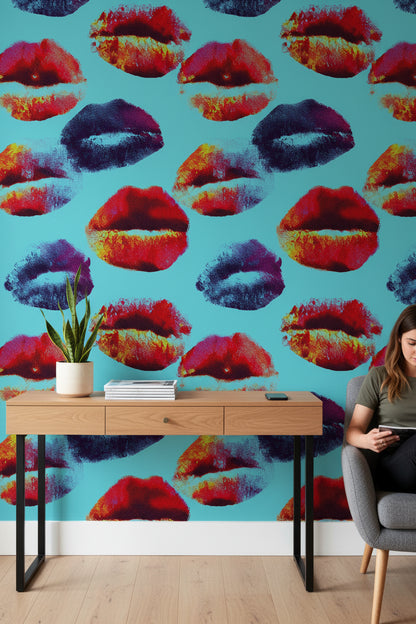 Renkli Dudak Desenli Duvar Kağıdı Turkuaz Modern Salon