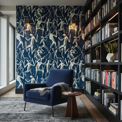 Soyut Figürlü Duvar Kağıdı Lacivert Çizim Desen Salon