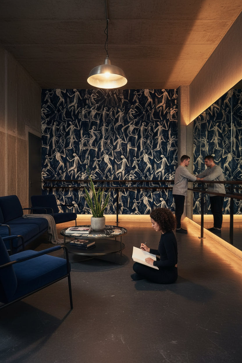 Soyut Figürlü Duvar Kağıdı Lacivert Çizim Desen Salon