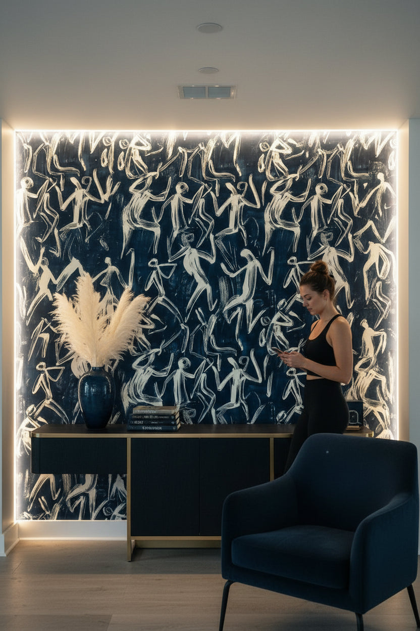 Soyut Figürlü Duvar Kağıdı Lacivert Çizim Desen Salon