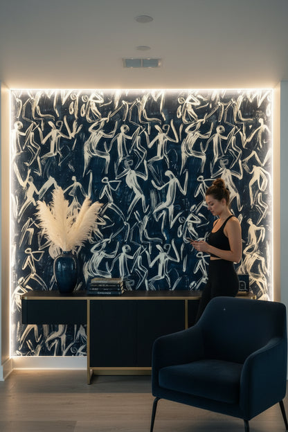 Soyut Figürlü Duvar Kağıdı Lacivert Çizim Desen Salon