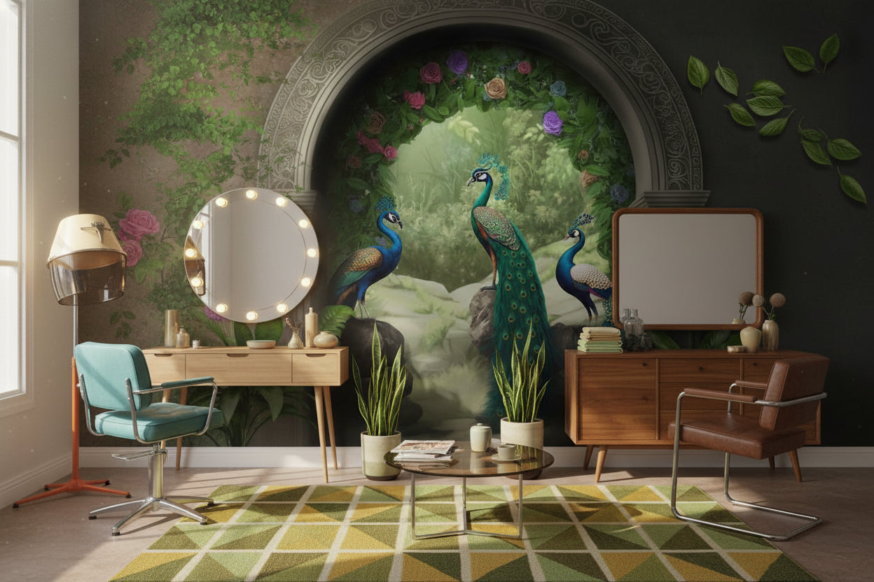 Tavus Kuşlu Bahçe Poster Duvar Kağıdı Yeşil Salon