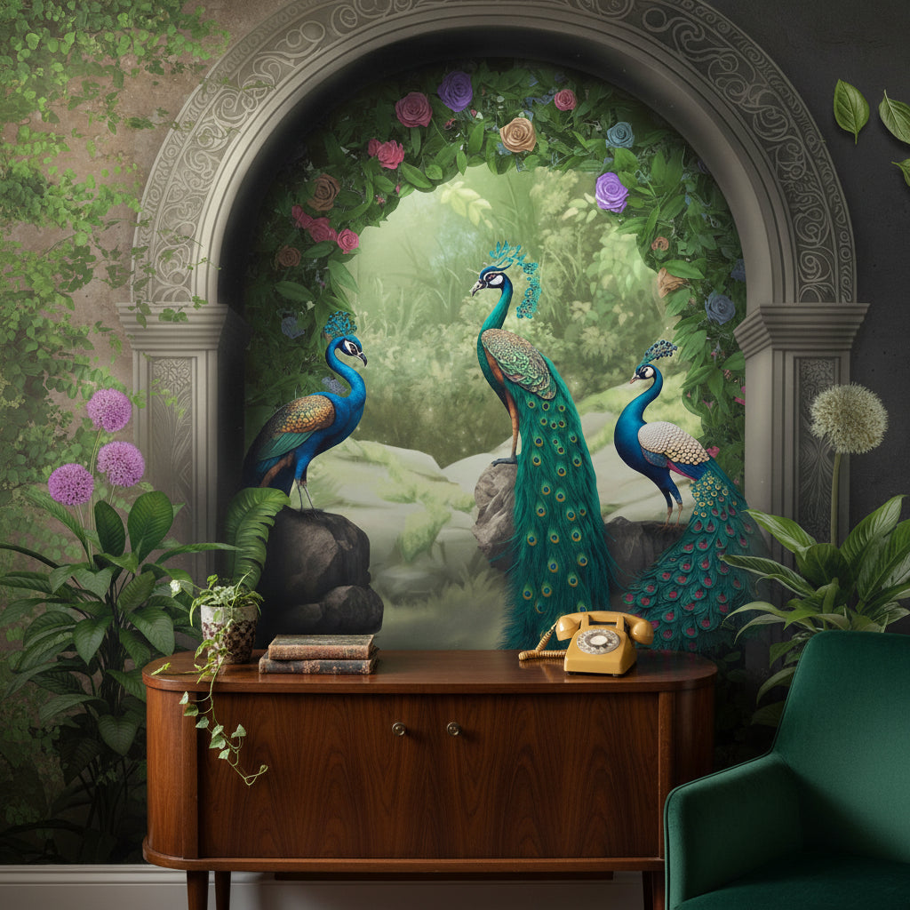Tavus Kuşlu Bahçe Poster Duvar Kağıdı Yeşil Salon