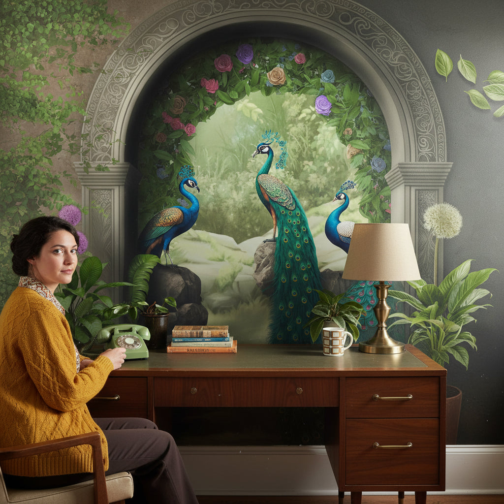 Tavus Kuşlu Bahçe Poster Duvar Kağıdı Yeşil Salon
