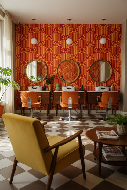 Retro Geometrik Duvar Kağıdı Turuncu Kırmızı Desenli Salon