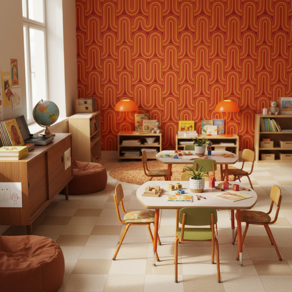 Retro Geometrik Duvar Kağıdı Turuncu Kırmızı Desenli Salon