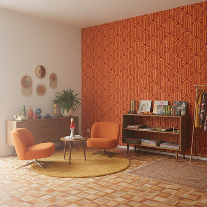 Retro Geometrik Duvar Kağıdı Turuncu Kırmızı Desenli Salon