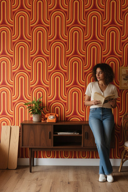 Retro Geometrik Duvar Kağıdı Turuncu Kırmızı Desenli Salon