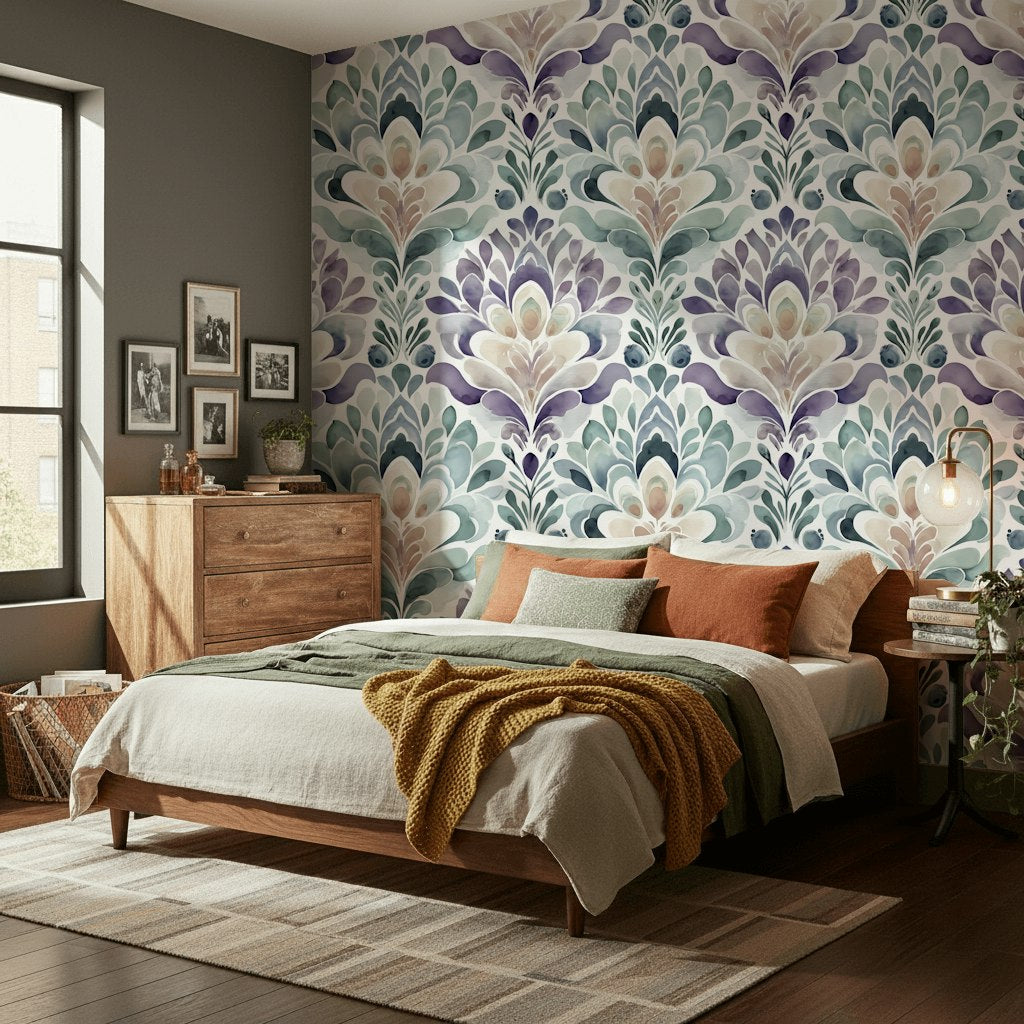 Suluboya Damask Desenli Duvar Kağıdı Mor Yeşil Salon