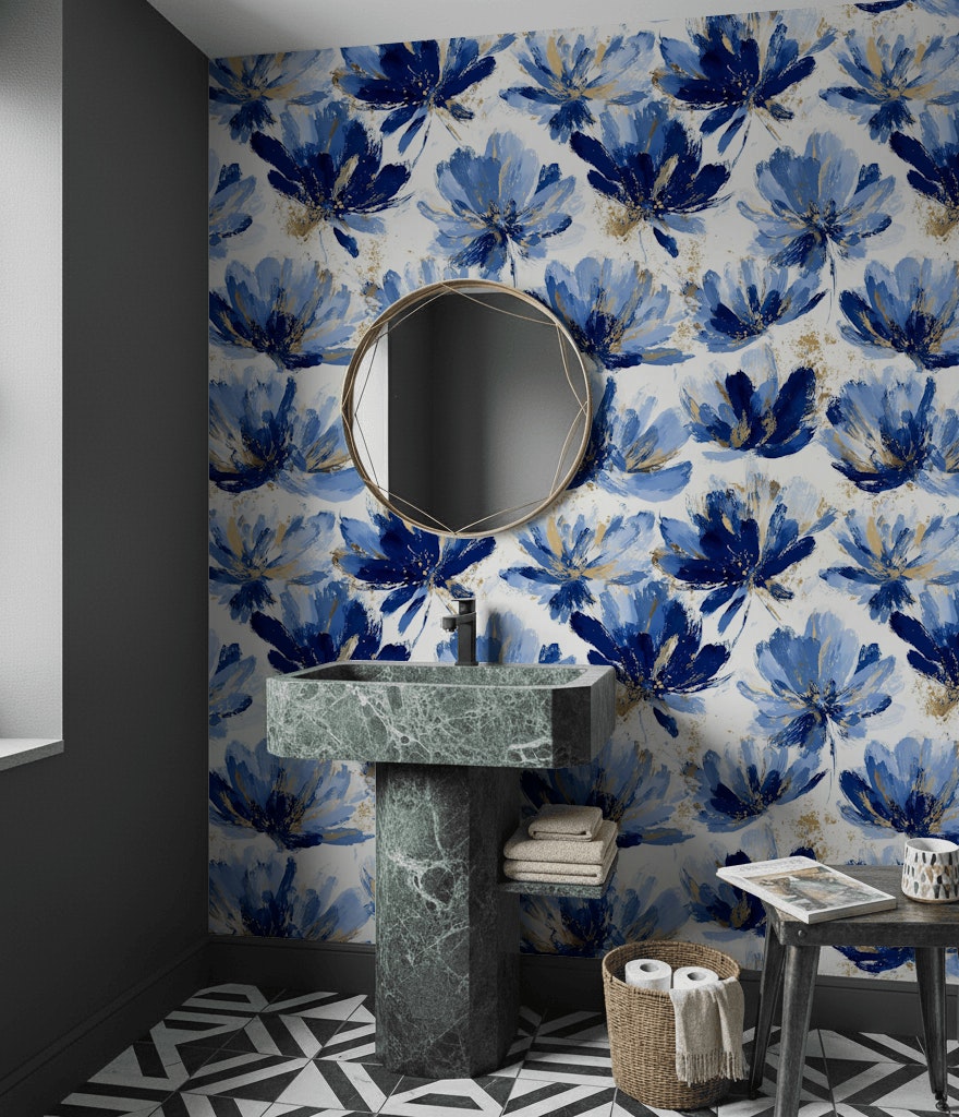 Mavi Büyük Çiçekli Duvar Kağıdı Sulu Boya Banyo Deseni