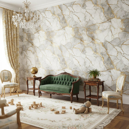 Gri Mermer Efektli Duvar Kağıdı Altın Damarlı Salon
