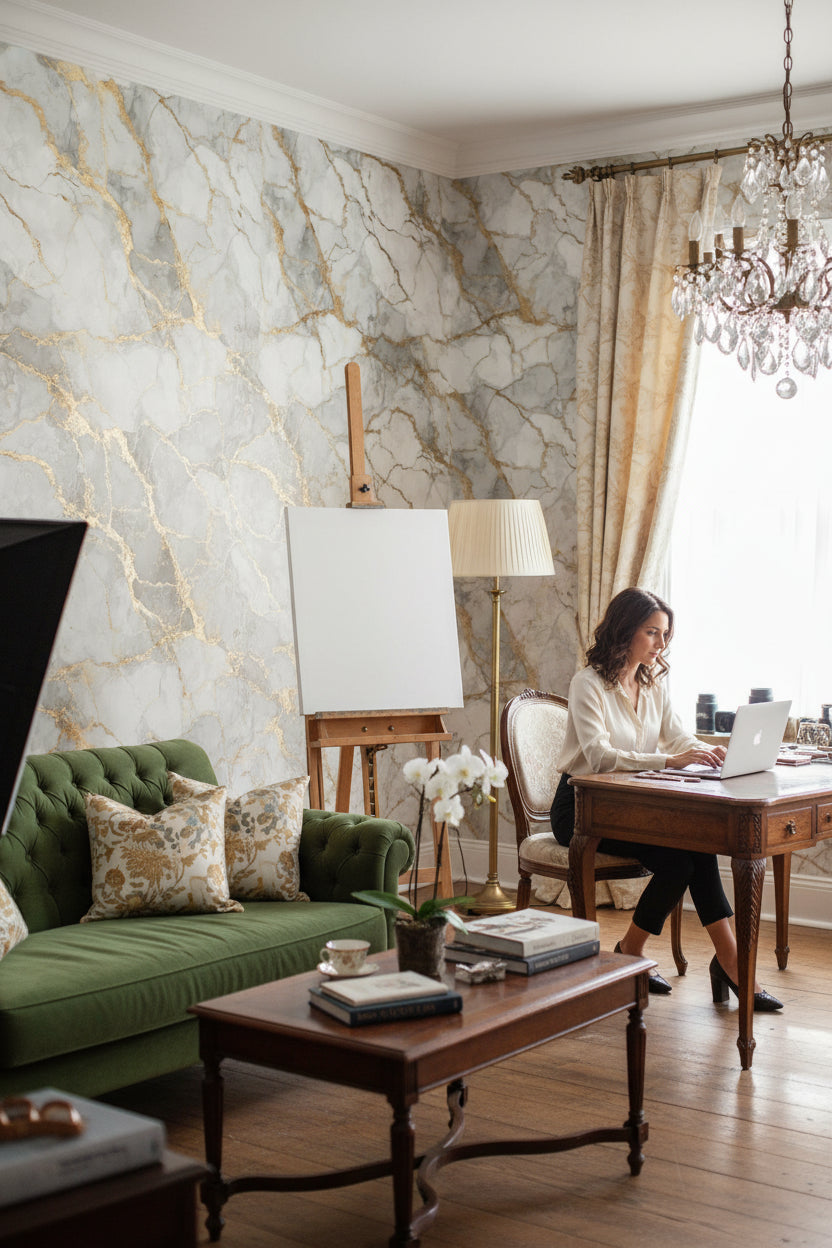 Gri Mermer Efektli Duvar Kağıdı Altın Damarlı Salon