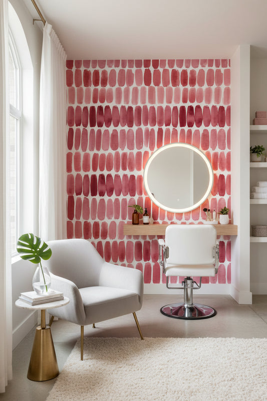 Soyut Fırça Darbeli Duvar Kağıdı Pembe Tonlu Modern Salon