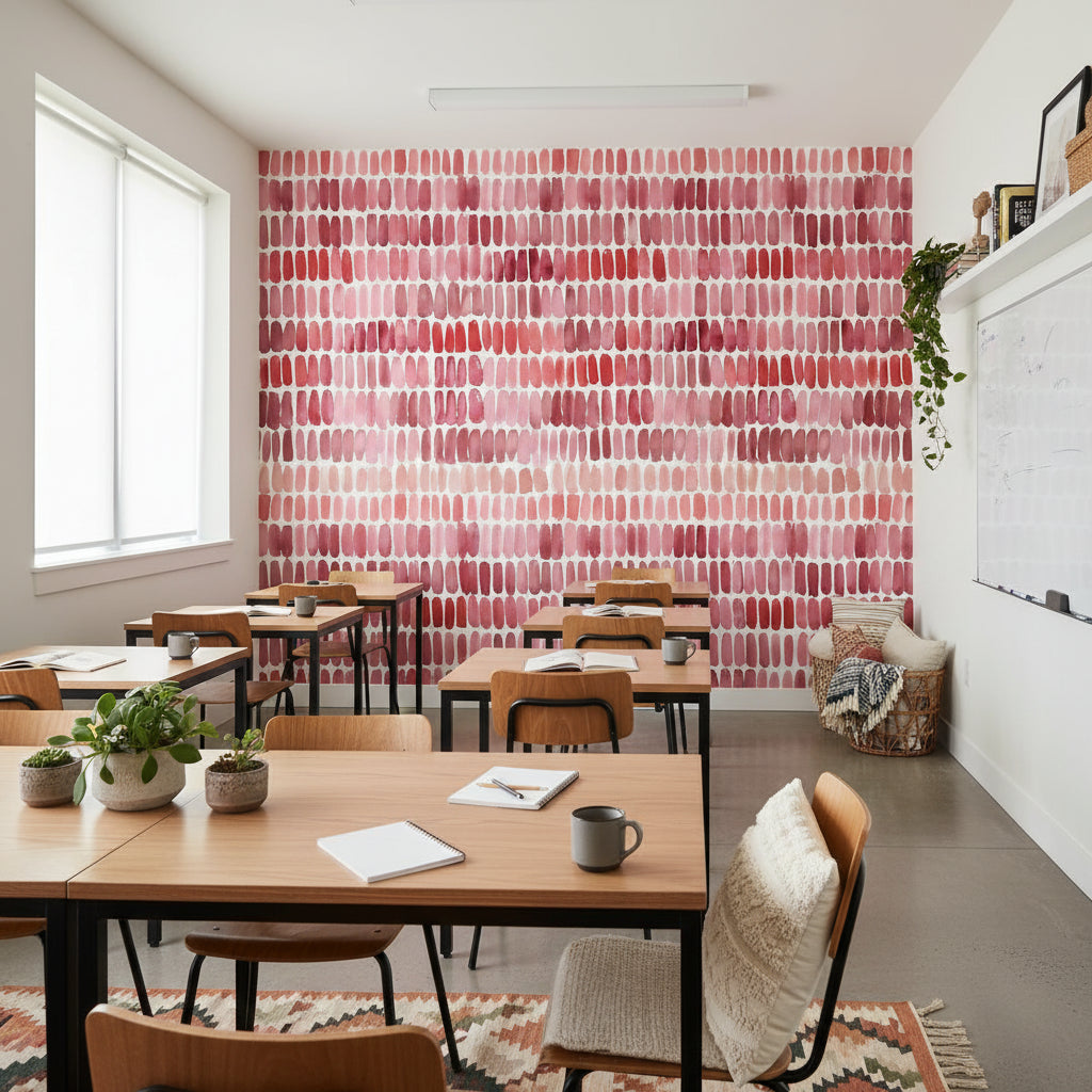 Soyut Fırça Darbeli Duvar Kağıdı Pembe Tonlu Modern Salon