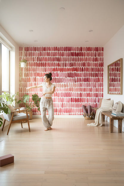 Soyut Fırça Darbeli Duvar Kağıdı Pembe Tonlu Modern Salon