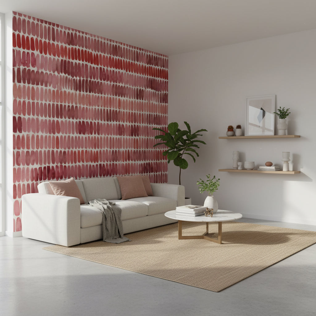 Soyut Fırça Darbeli Duvar Kağıdı Pembe Tonlu Modern Salon