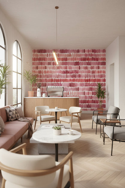 Soyut Fırça Darbeli Duvar Kağıdı Pembe Tonlu Modern Salon
