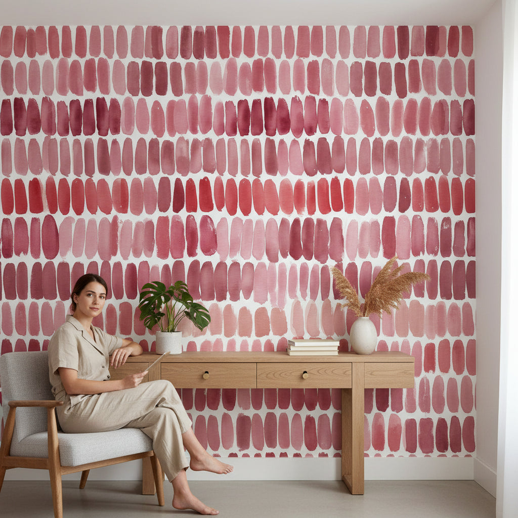 Soyut Fırça Darbeli Duvar Kağıdı Pembe Tonlu Modern Salon