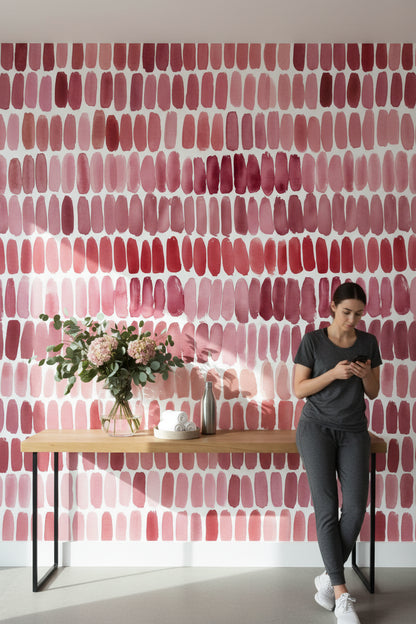 Soyut Fırça Darbeli Duvar Kağıdı Pembe Tonlu Modern Salon