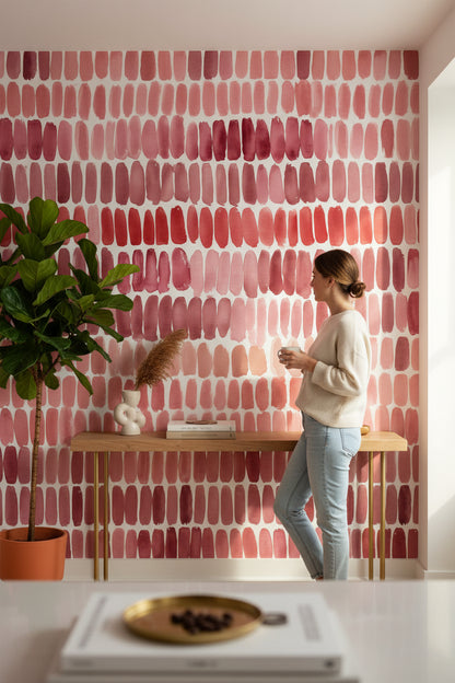 Soyut Fırça Darbeli Duvar Kağıdı Pembe Tonlu Modern Salon