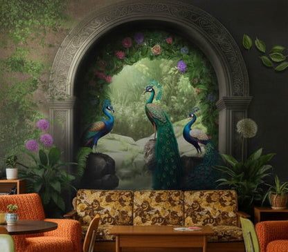 Tavus Kuşlu Bahçe Poster Duvar Kağıdı Yeşil Salon
