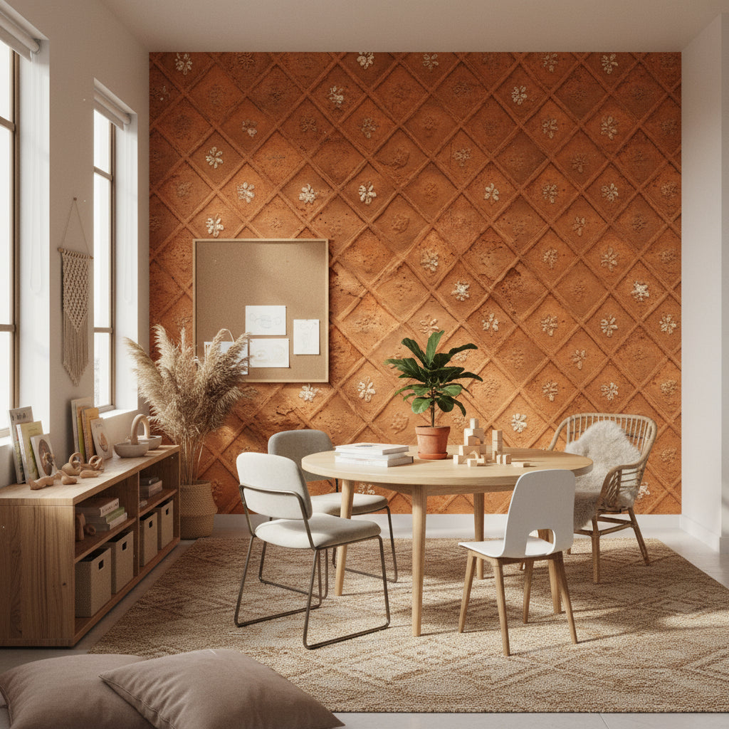 Kabartmalı Elmas Desenli Duvar Kağıdı Terracotta Desen Salon