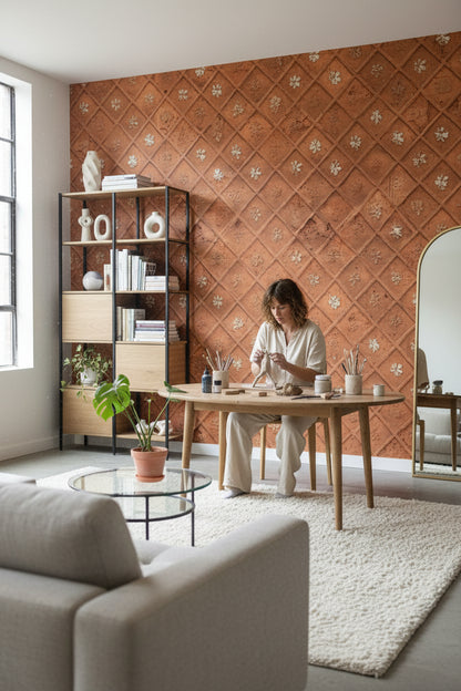 Kabartmalı Elmas Desenli Duvar Kağıdı Terracotta Desen Salon