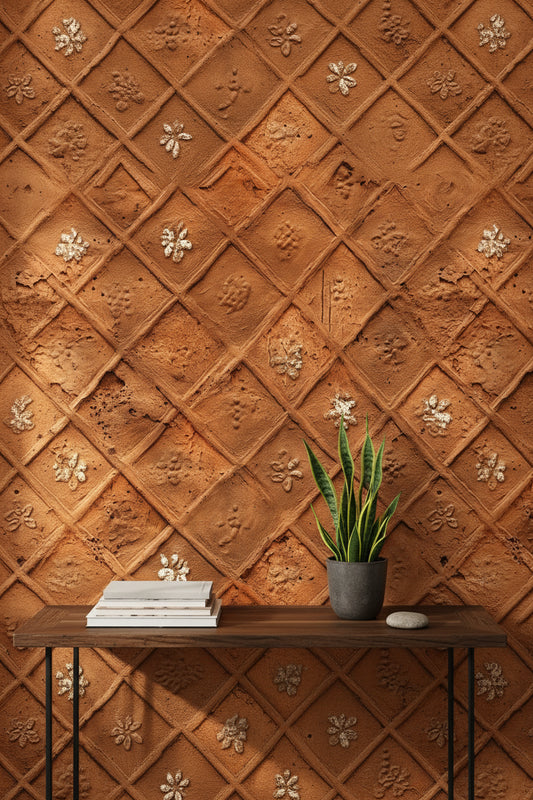 Kabartmalı Elmas Desenli Duvar Kağıdı Terracotta Desen Salon