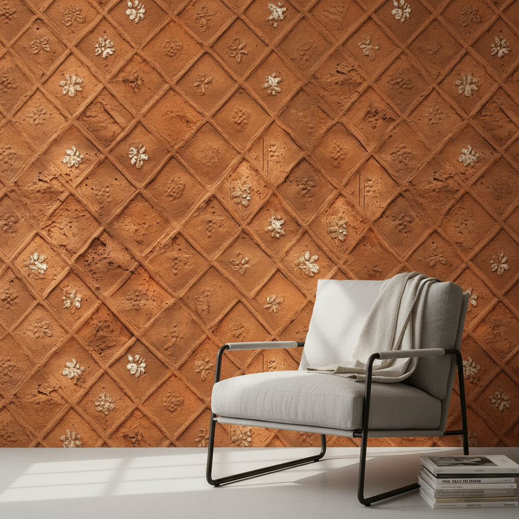 Kabartmalı Elmas Desenli Duvar Kağıdı Terracotta Desen Salon