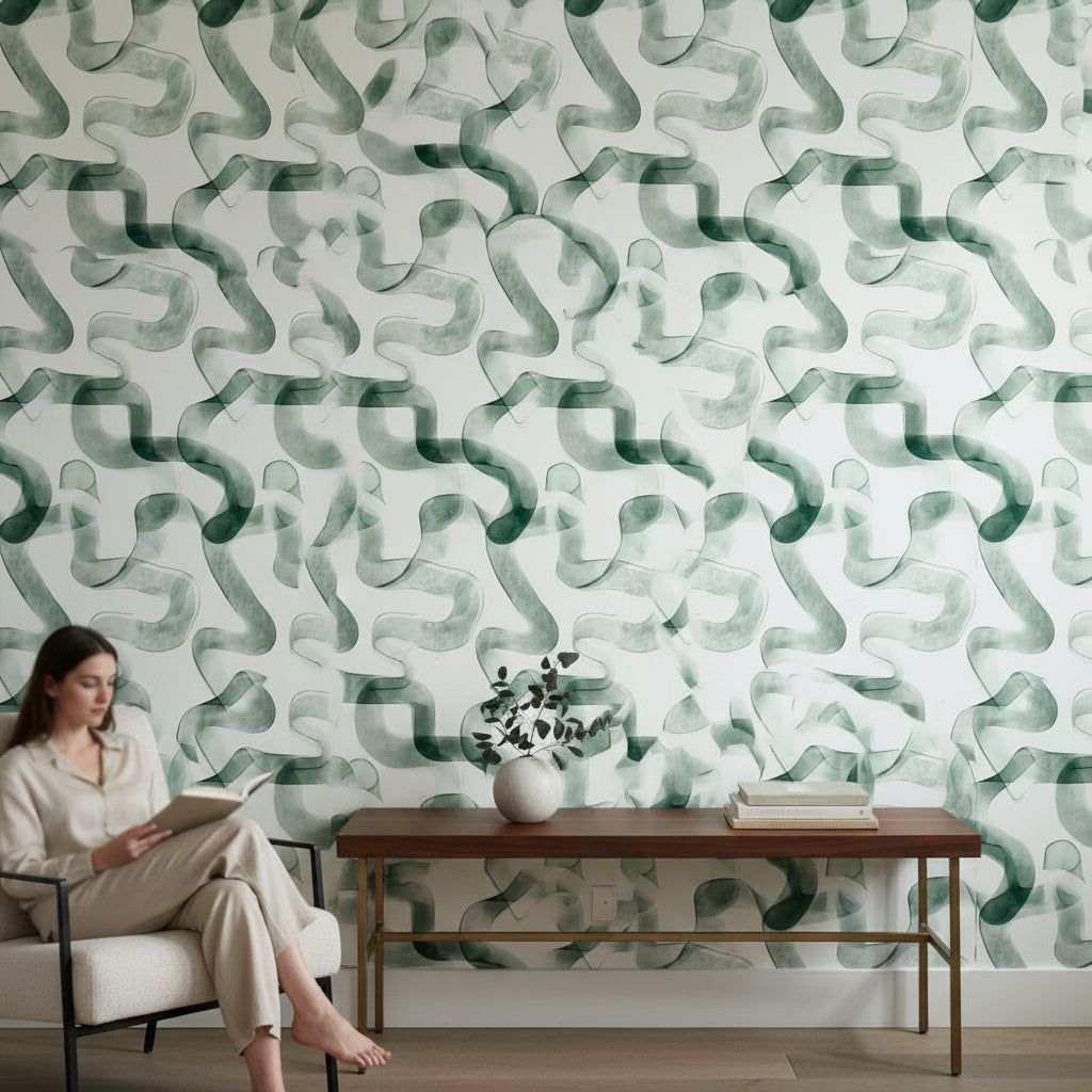 Soyut Dalgalı Desenli Duvar Kağıdı Yeşil Modern Salon