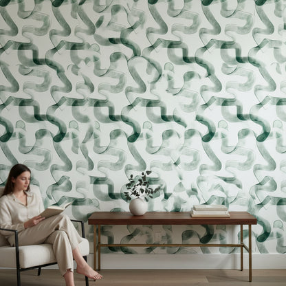 Soyut Dalgalı Desenli Duvar Kağıdı Yeşil Modern Salon