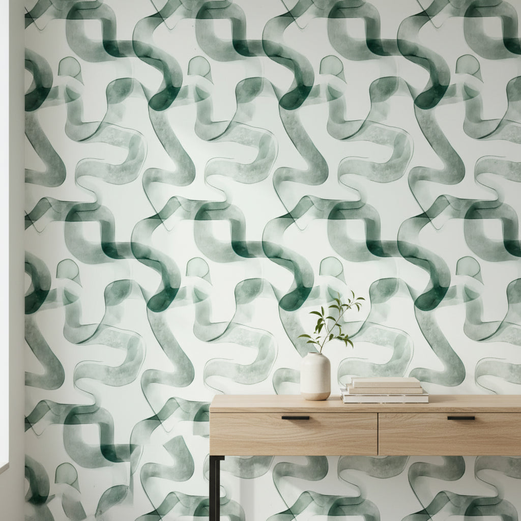 Soyut Dalgalı Desenli Duvar Kağıdı Yeşil Modern Salon
