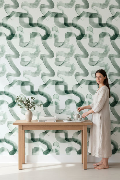 Soyut Dalgalı Desenli Duvar Kağıdı Yeşil Modern Salon