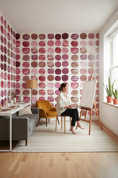 Soyut Noktalı Duvar Kağıdı Pembe Bordo Salon